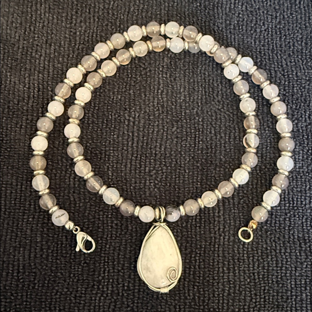 Rainbow Moonstone and grey Chalcedony striped Agate gemstone necklace.